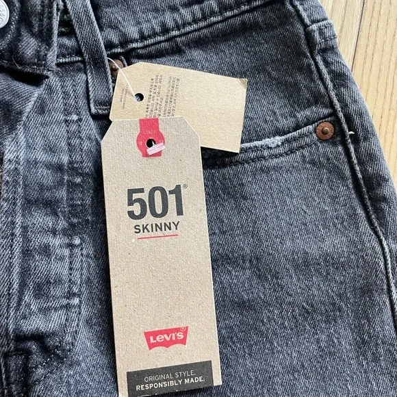 Levi’s 501 skinny Womans Dark Gray Jeans Button Fly High Rise size 24x28 raw hem - Picture 2 of 10